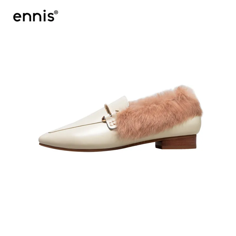 Beige Loafers ENNIS/ г., черные Лоферы женская обувь из натуральной кожи, без задника, зимняя обувь с натуральным кроличьим мехом, пряжки для тапочек, модная повседневная обувь C857 - Цвет: Beige Loafers