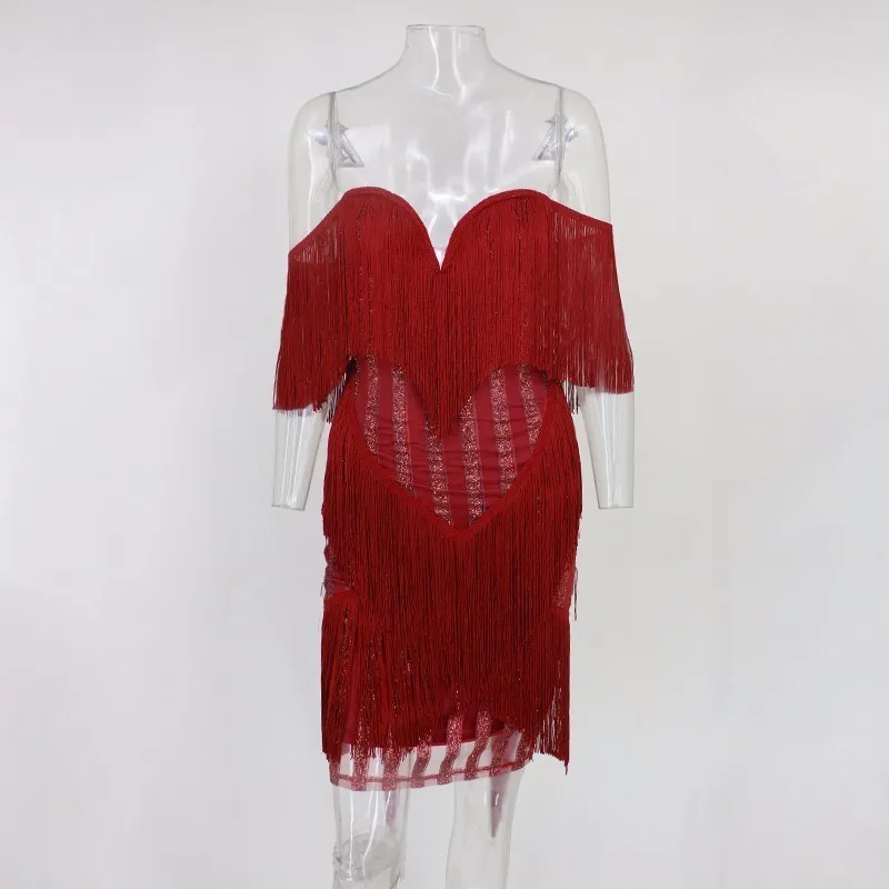 Красный Dressmecb Для женщин глубокий v-образный вырез горловины кисточкой шить полосатый Бандажное платье с открытыми плечами мини платье Рождество блесток Vestidos - Цвет: Красный