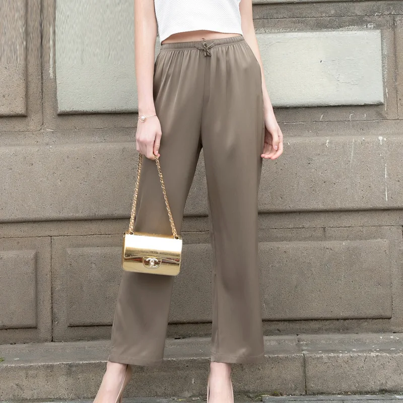 Wholesale Women Real Silk Pants High Waist Loose Casual Full Length Pants Women Slacks Comfortable Female Plus OL Pants 605