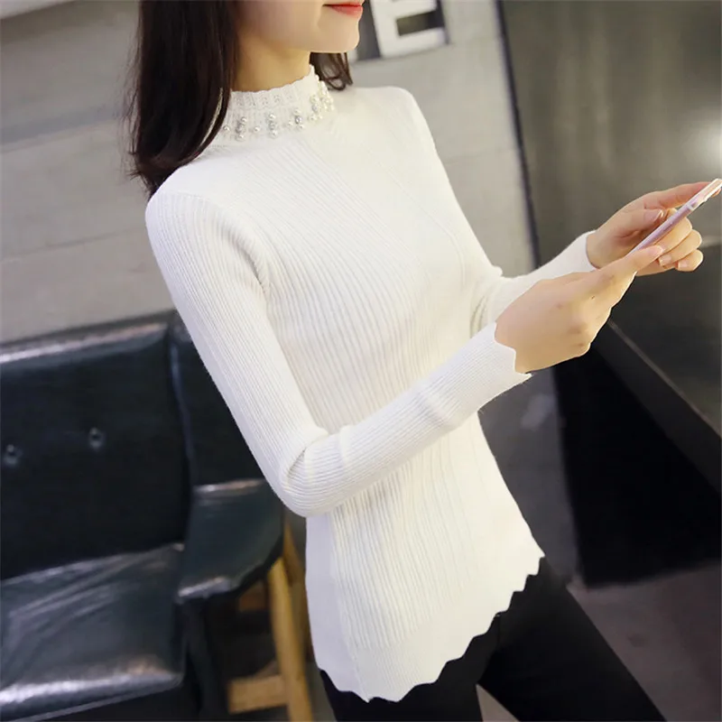 2019 осенние женские пуловеры с высоким воротом и бусинами тонкие топы