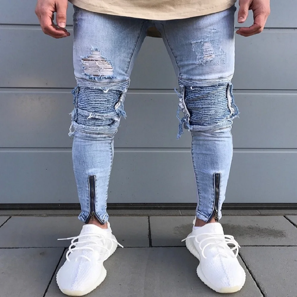 

Vogue Men Hi-Street Men Distressed Denim Joggers Jean Knee Holes Washed Hole Destroyed Slim Fit Ripped Jeans