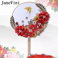 janevini elegant chinese red wedding fan bouquets beaded golden leaves pearl metal bridal hand fan flowers wedding accessories