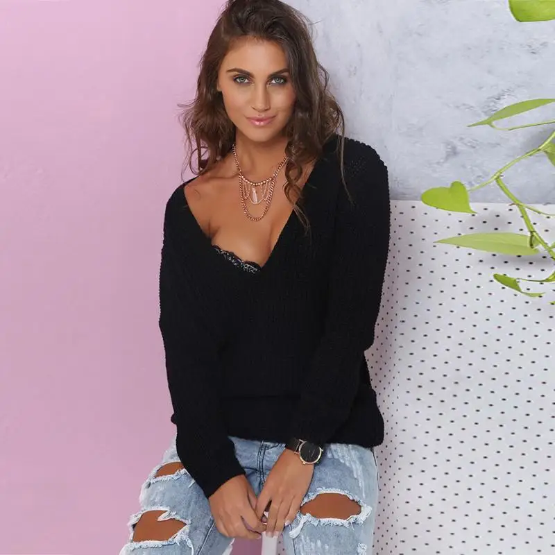 2018 Winter Fall Warm Sweater Coat Women Clothing Sexy Deep V-Neck Long Sleeve Fashion Casual Solid Sweaters Pullover |