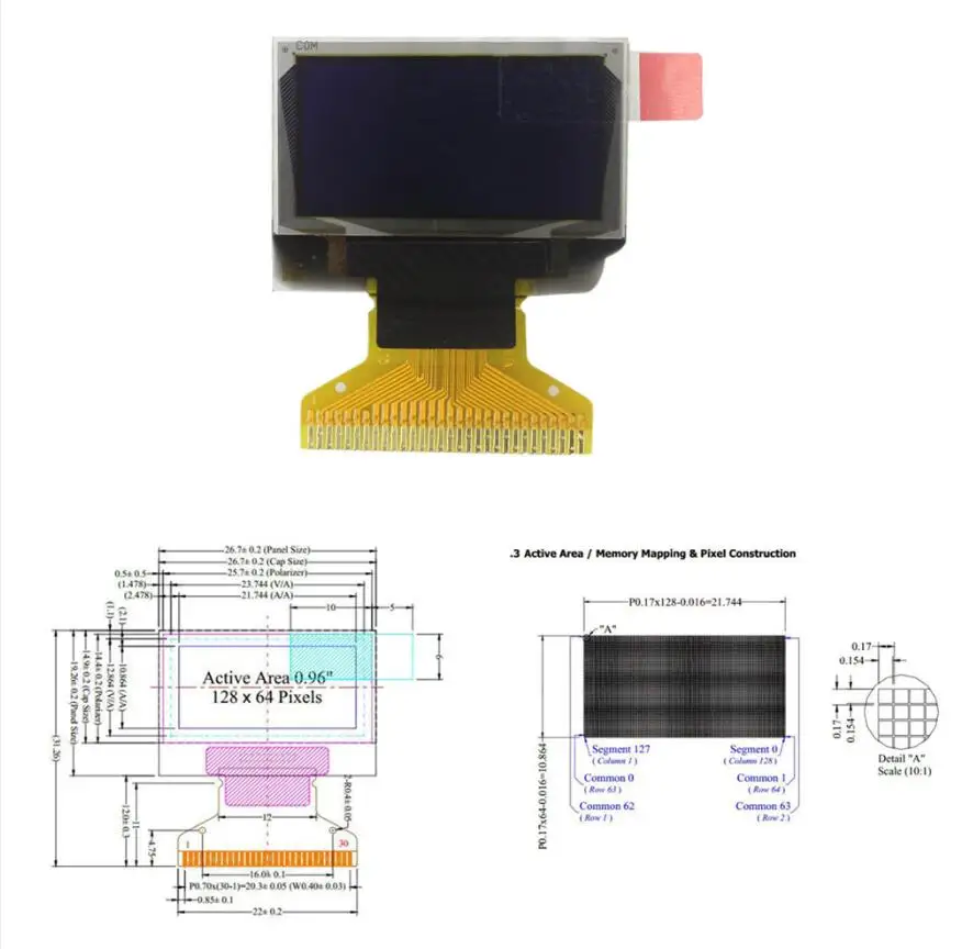 

0,96 дюймов 128x64 белый OLED дисплей * 64 плата с ЖК-экраном 30pin SSD1306 драйвер пассивная Матрица для arduino DIY Kit
