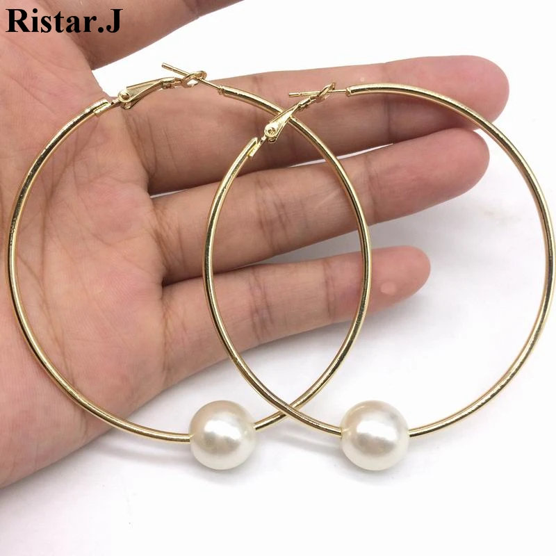 Крупные круглые серьги-кольца с искусственным жемчугом для женщин простые