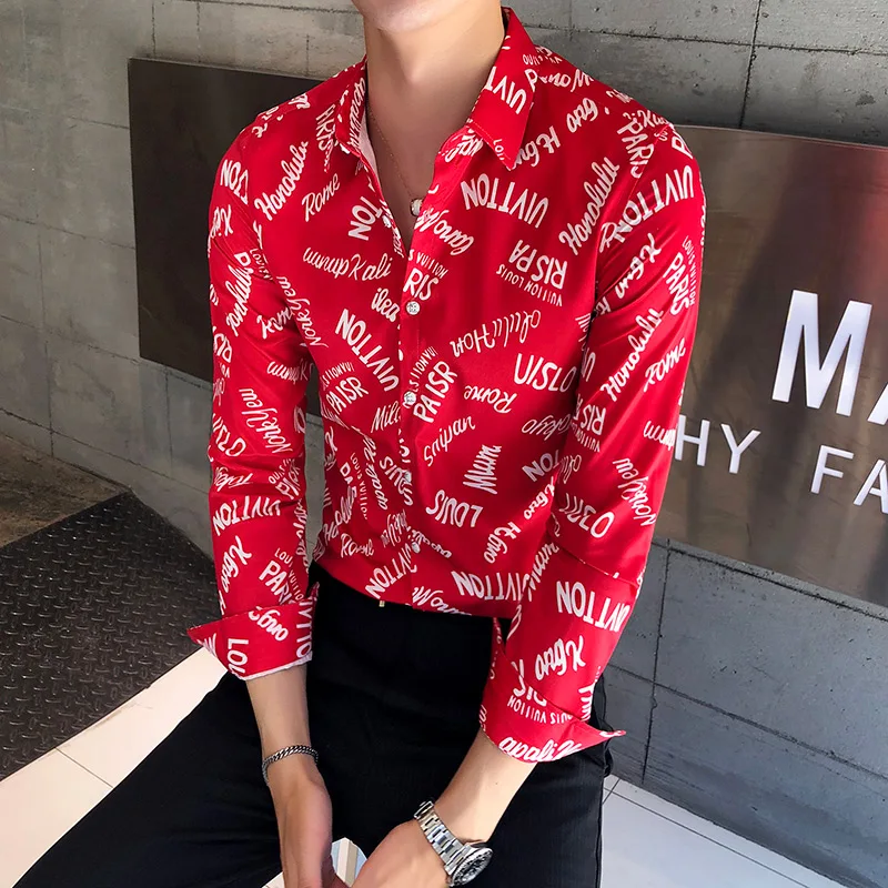 Рубашка мужская приталенная с длинным рукавом и принтом букв | Мужская одежда