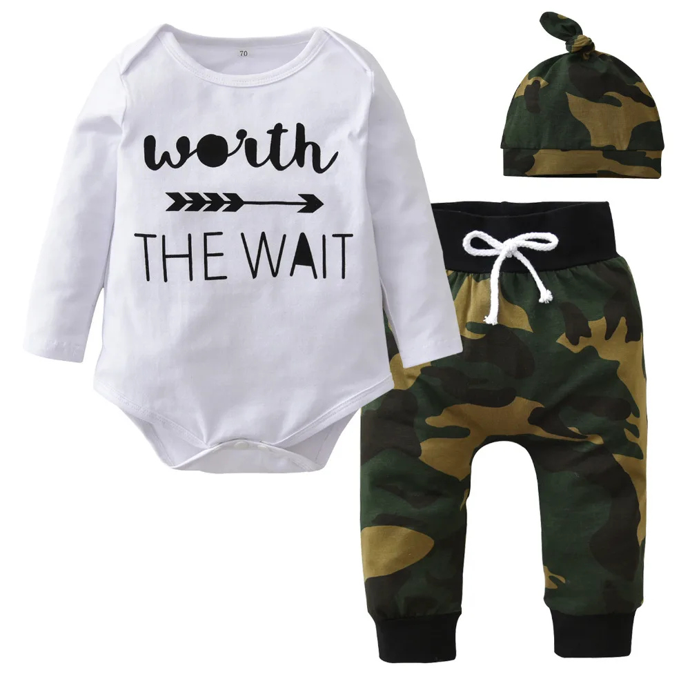 Army Green Newborn Baby Girl Boy Clothes Long Sleeve Letter Romper+Pants+Hat Toddler Outfits Infant 3Pcs Clothing Set | Детская одежда
