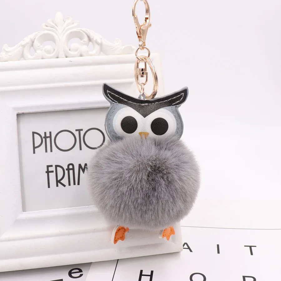 

QiYuFang Cute Pompom Owl Keychain pom pom Key Chain Rabbit Fur Ball pompom Porte Clef Fluffy Leather Key Ring Llaveros Gold