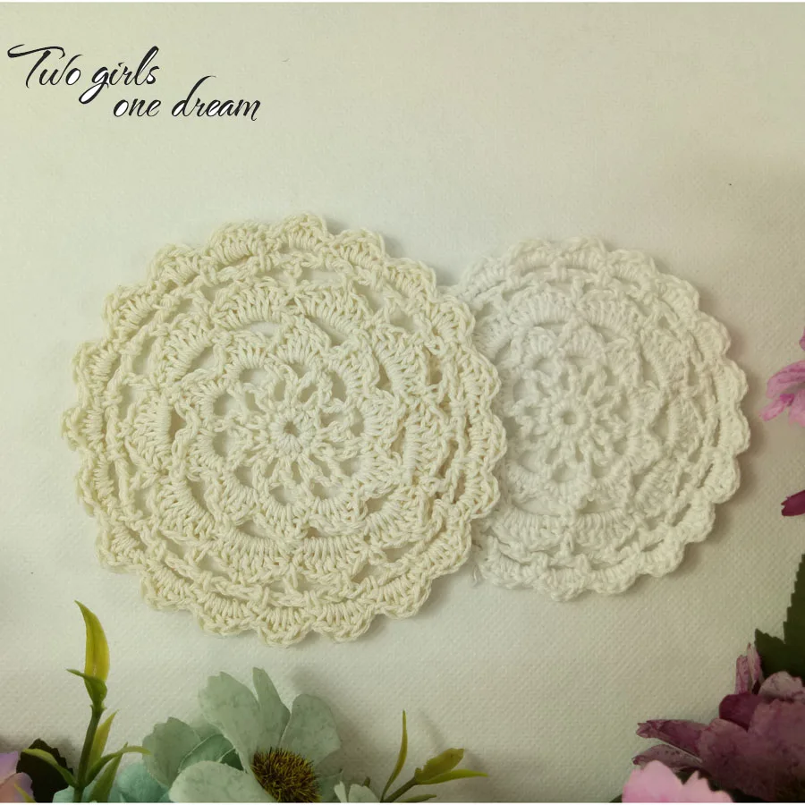 

Free Shipping Wholesale Household DIY Handmade Flower Crochet Doilies 30pcs/lot Round Cup Mat Pad 10CM Coaster Placemats For Wed