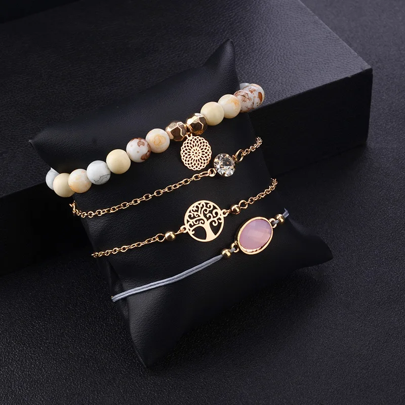 2019 Fashion jewelry weave rope chain pink crystal beaded tree 4 pieces set bracelets for women bangle party accessories gifts | Украшения