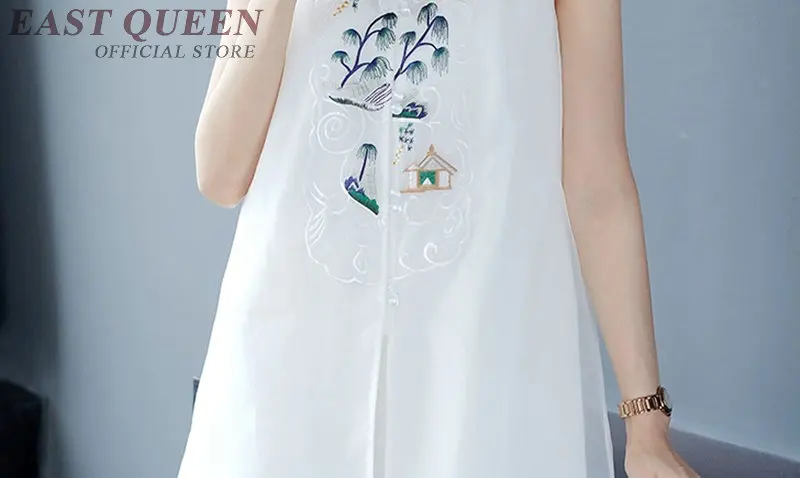 New Chiffon Blouse Embroidery White Shirts Stand Collar Short Sleeve Long Shirt Female Tunic Women Tops Summer TA1711