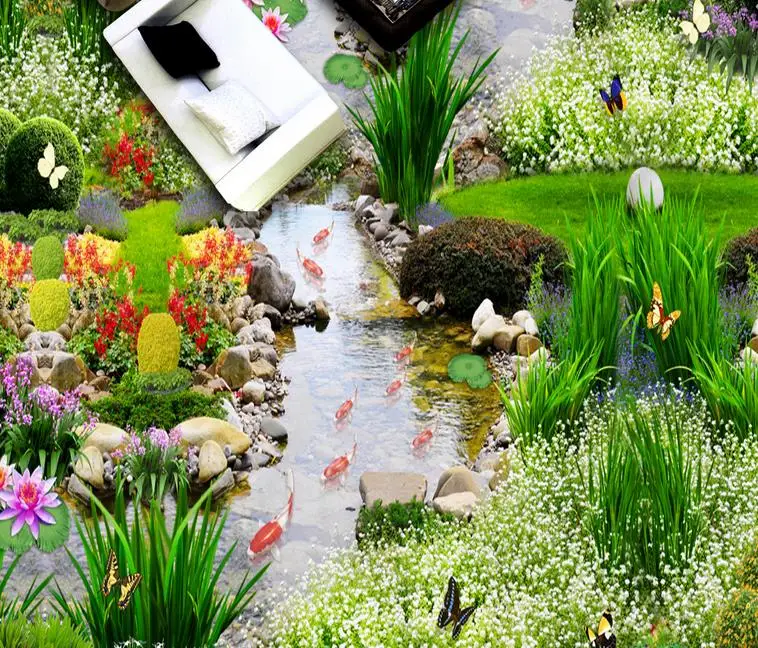 Обои пол современные пользовательские 3d полы цветы и Карп обои для гостиной Пол