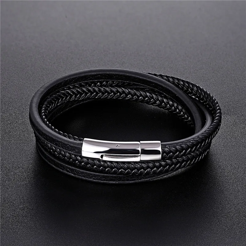 MKENDN модный кожаный браслет для мужчин черная коса многослойная веревочная цепь