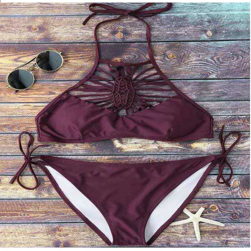 FS Wine Red Retro Hollow Out Female Bikinis Set High Neck Halter Swimsuit 2017 Low Waist Swimwear Brazilian Summer Bathing Suit |
