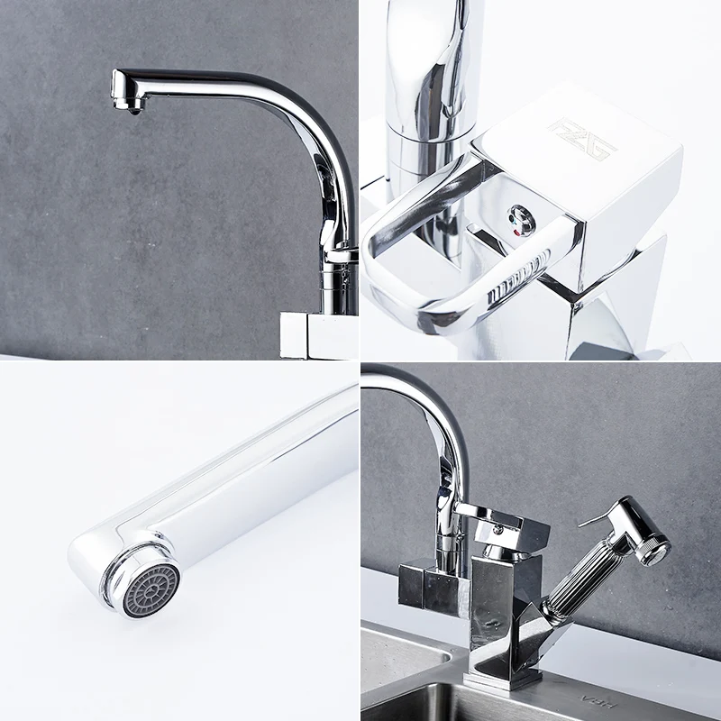 

Fapully Two Spouts Kitchen Sink Faucet Mixer Chrome Finish Single Handle Deck Mounted Pull Out Mixer Water Taps