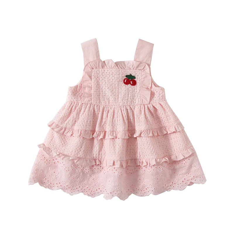 Однотонные многослойные платья без рукавов из 100% хлопка с вышитыми вишнями для