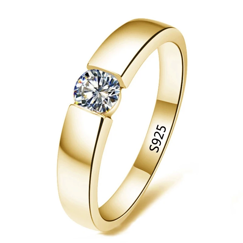 925, одноцветное серебряное Золотое кольцо, пасьянс, 1Ct, CZ, Диамант, обручальные кольца для женщин и мужчин