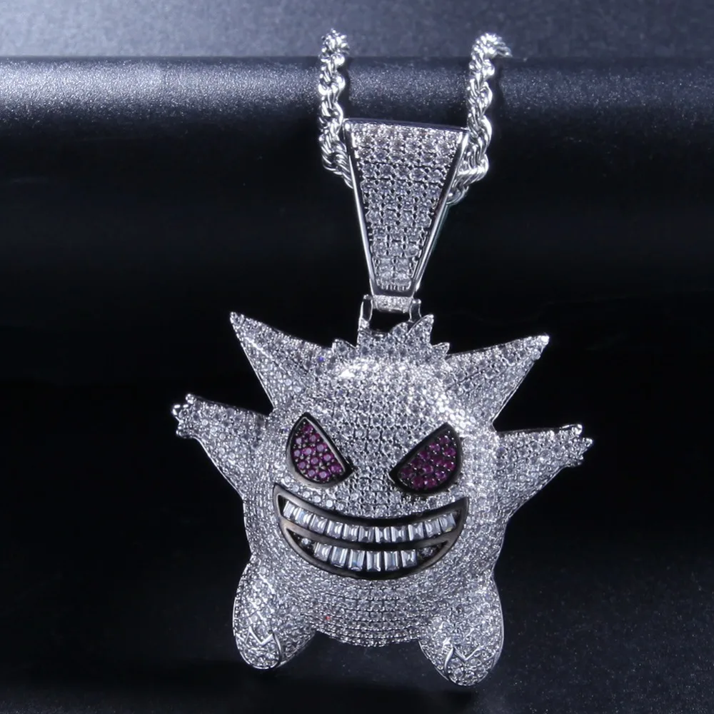 Инкрустированное цирконием золото серебро синий фиолетовый Забавный Gengar ожерелье животное аниме подвеска «эльф» мужские хип-хоп ювелирные изделия