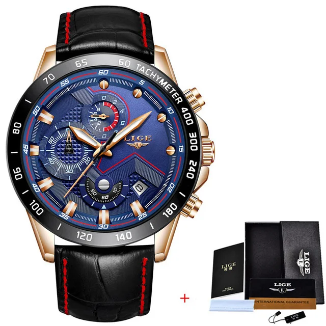 Rose gold blue LIGE мужские s часы Топ бренд класса люкс кварцевые часы золотые мужские повседневные кожаные военные водонепроницаемые спортивные наручные часы Relogio Masculino - Цвет: Rose gold blue