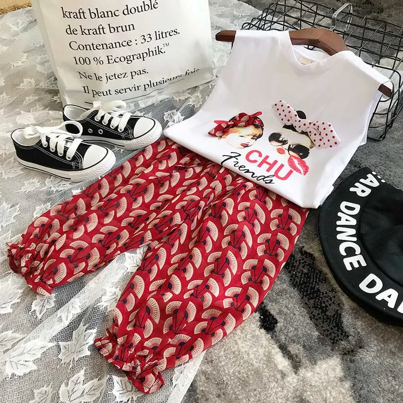 3-7Y Fashion Girls Summer Clothing Kid Vest Top + Printed Pants Leggings 2pcs Outfits Children Clothes Toddler Girl | Мать и ребенок