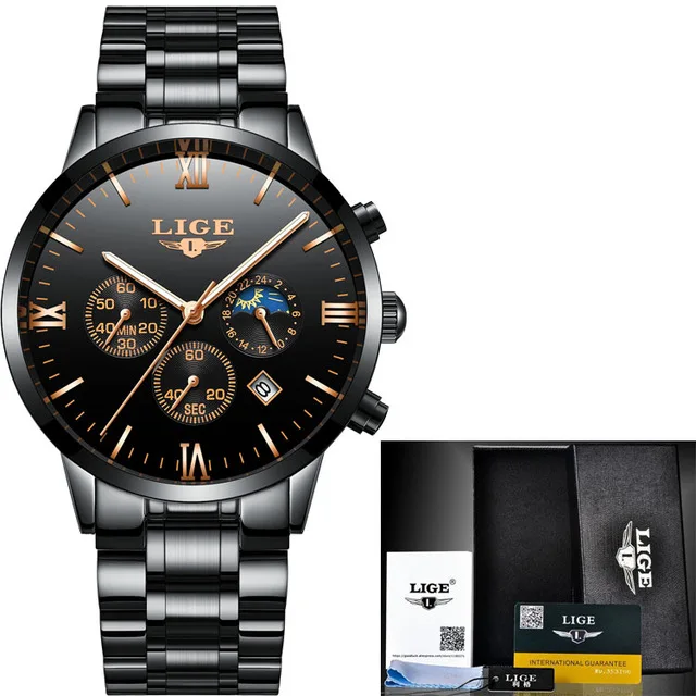 steel black gold LIGE мужские часы с хронографом, спортивные мужские часы, Топ бренд, Роскошные водонепроницаемые полностью Стальные кварцевые золотые часы, мужские часы - Цвет: steel black gold