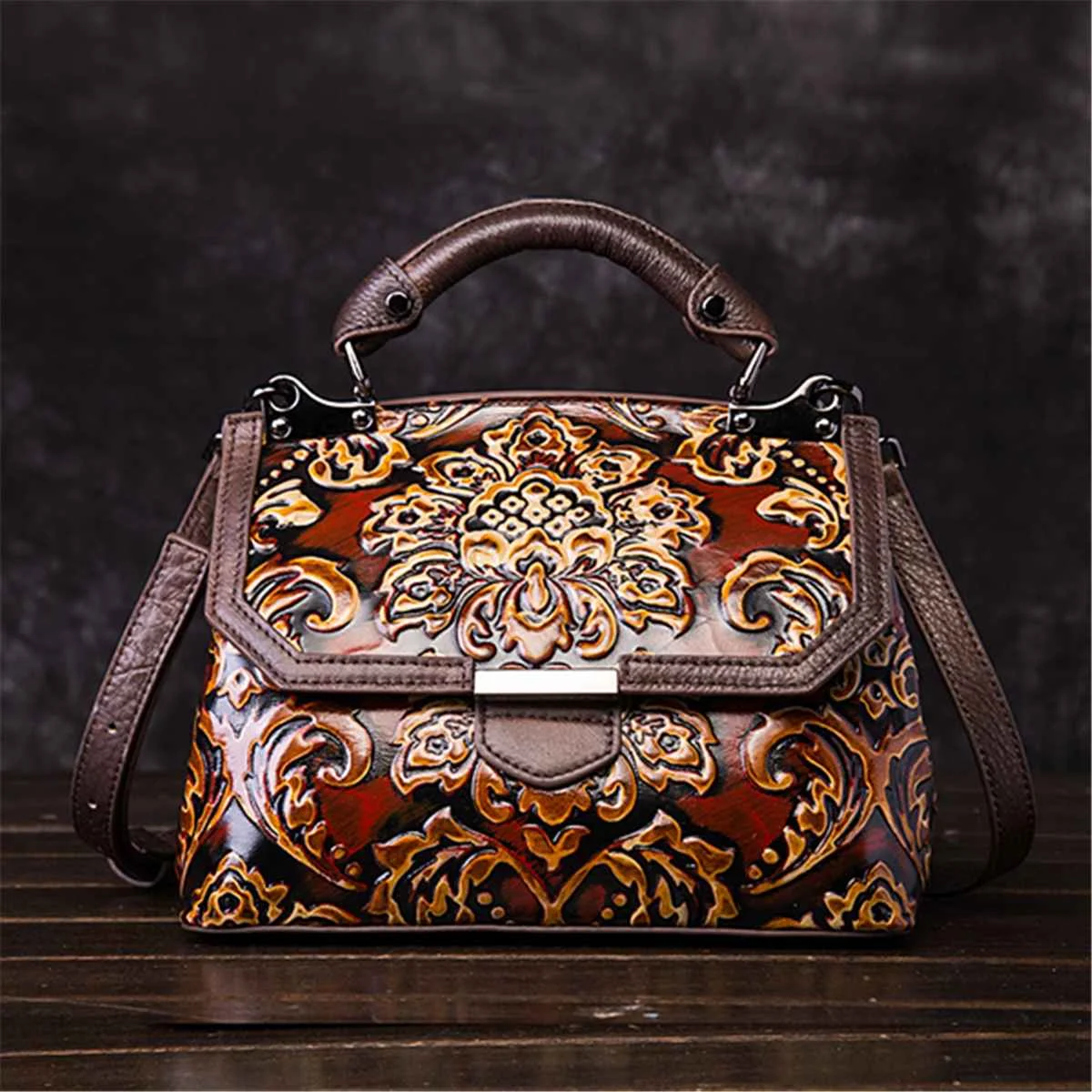 Красный AEQUEEN Women Genuine Leather Handbag Embossed Luxury Bags Vintage Cowhide Leather Top Handle Bag Messenger Shoulder Tote Purse - Цвет: Красный