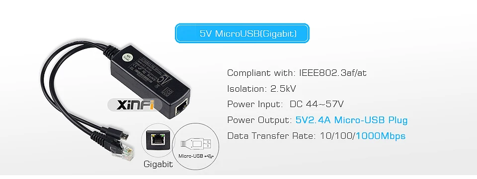 48 В до 5 В 12 в активный изолированный PoE сплиттер IEEE802.3af/at 12 в водонепроницаемый гигабитный poe сплиттер 5 в Micro USB poe для Raspberry Pi