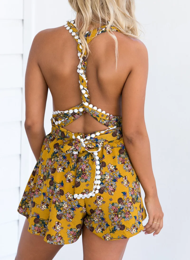 Цветочный с геометрическим принтом Летний комбинезон 2017 Глубокий V Средства