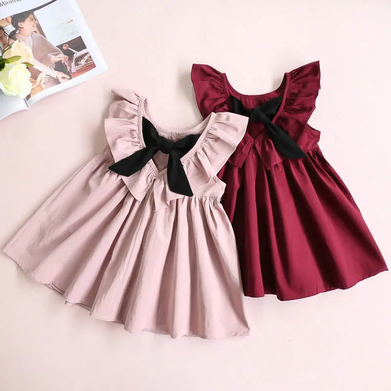 Dusty Pink Baby Girl Dress Ruffle Collar Children Clothes Backless Kids Summer Girls with Bow Cute Toddler | Детская одежда и