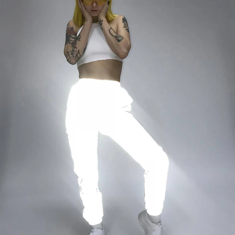 Женские новые модные однотонные светящиеся спортивные брюки с высокой талией в