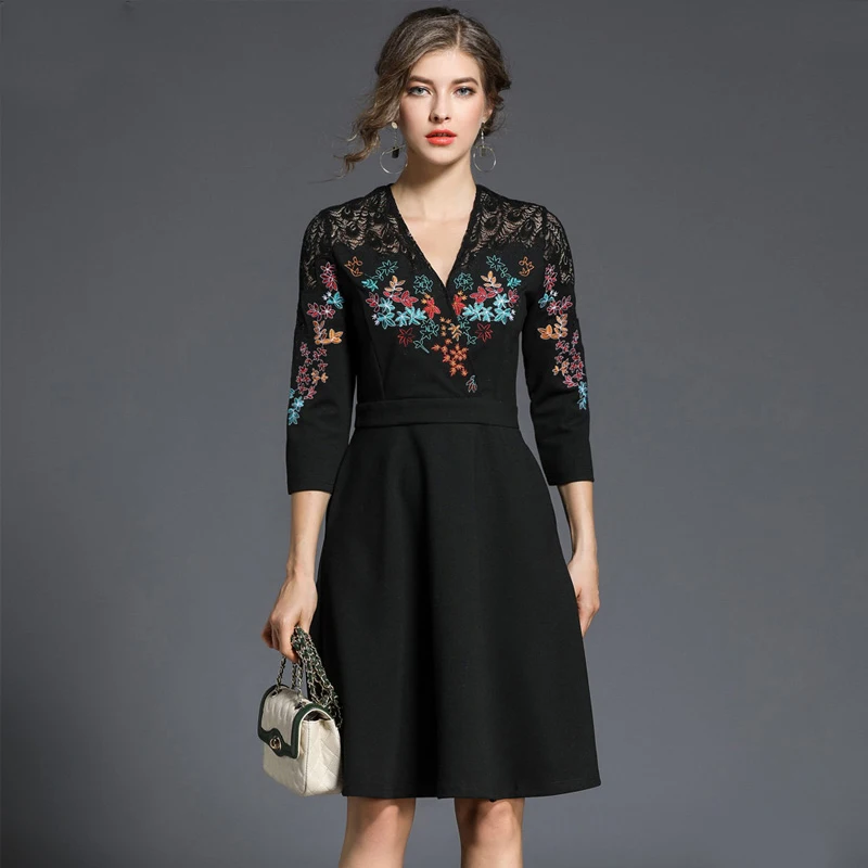 ZOSOL Spring New Women Embroidered Lace Party Dresses Vestidos High-End V-neck stitching Female Slim Vintage Black Dress 20 | Женская