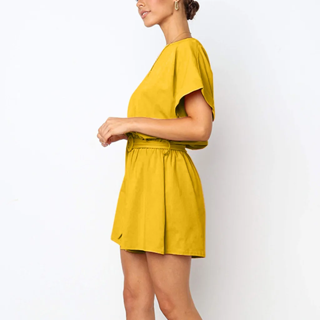 Женский цельный комбинезон свободный однотонный повседневный с круглым вырезом