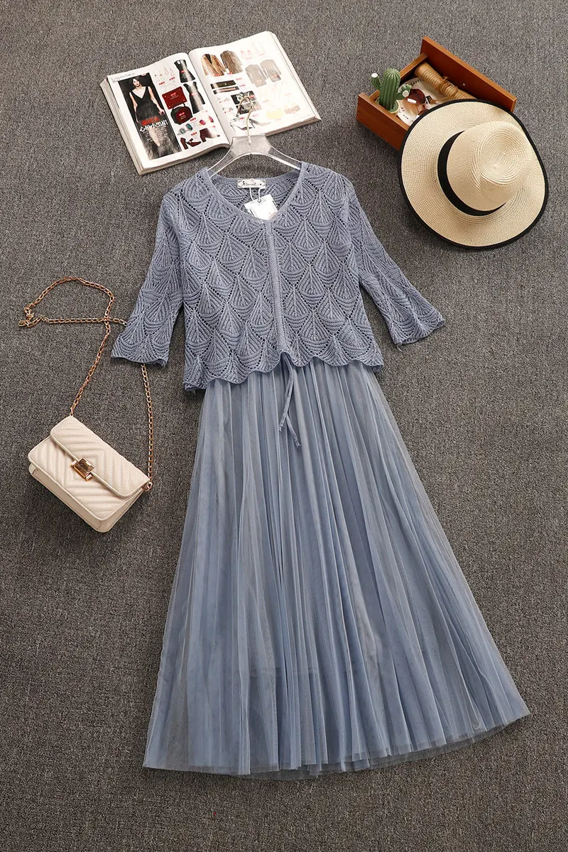 2019 new fashion women's two piece dress elegant slim super fresh two-piece mesh gauze summer | Женская одежда