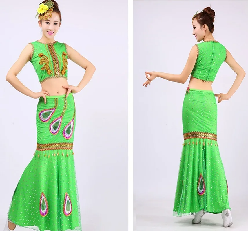 

Dance costume peacock dance clothes female jacket Mermaid skirt performance wear fish tail skirt Green Dai Folk dance costumes