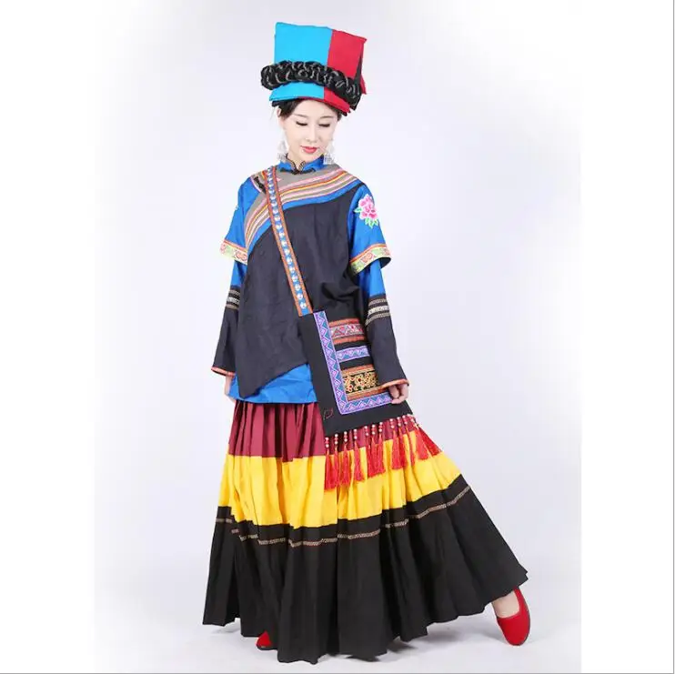 

China Ethnic Minority Outfit Black Yi Dance Costume Female Yi Nationality Dance Garment Ethnic Minority TV Movie Film Clothing