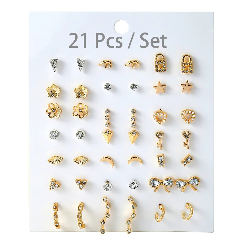 21 Pcs Small Earring SHIXIN, 21 шт., милые мини серьги-гвоздики, набор, маленькие серьги для женщин, луна/цветок/жемчуг/кристалл, серьги, партия, корейская мода, ювелирное изделие - Окраска металла: 21 Pcs Small Earring