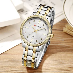 Женские кварцевые часы CURREN, наручные часы из нержавеющей стали с автоматическим отображением даты, 9010