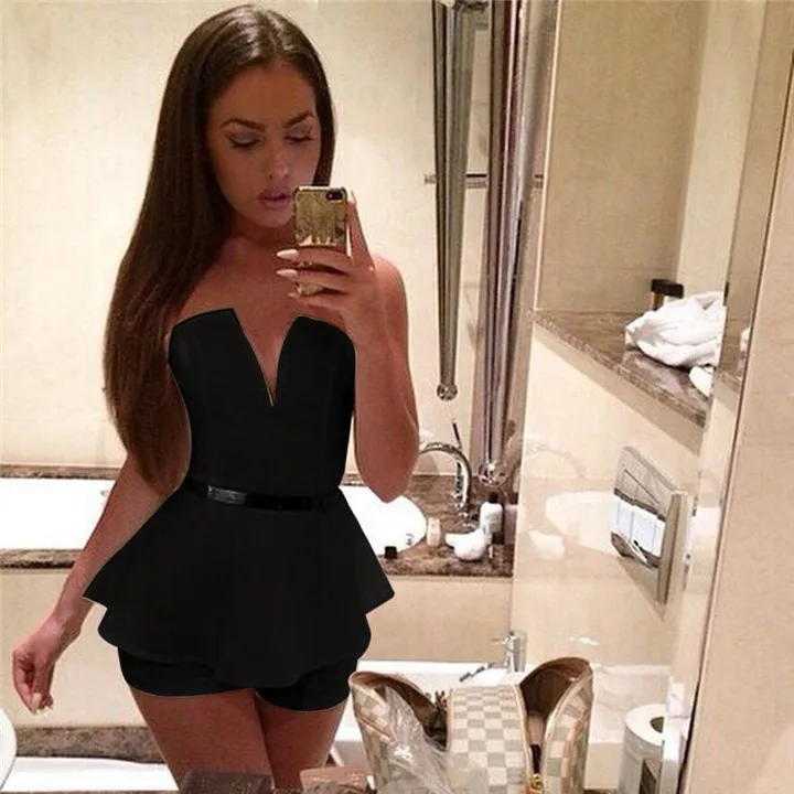 Sexy Глубокий V комбинезон Club Для женщин с плеча оборками Элегантный спинки молния