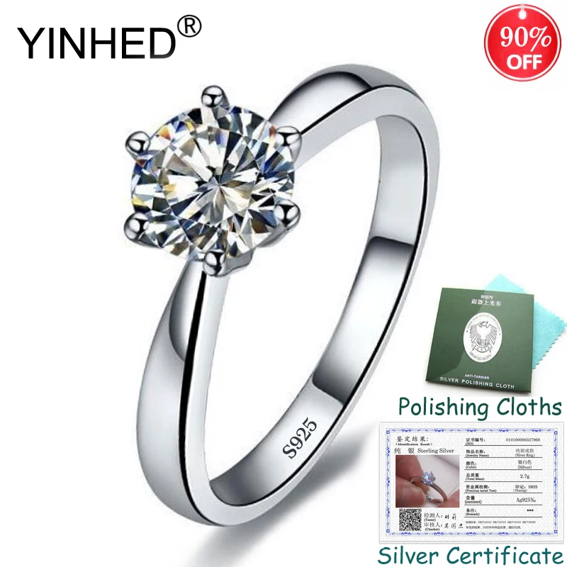 

Sent Silver Certificate! YINHED 100% 925 Sterling Silver 1ct 6mm CZ Diamant Solitaire Rings for Women Engagement Jewelry ZR553