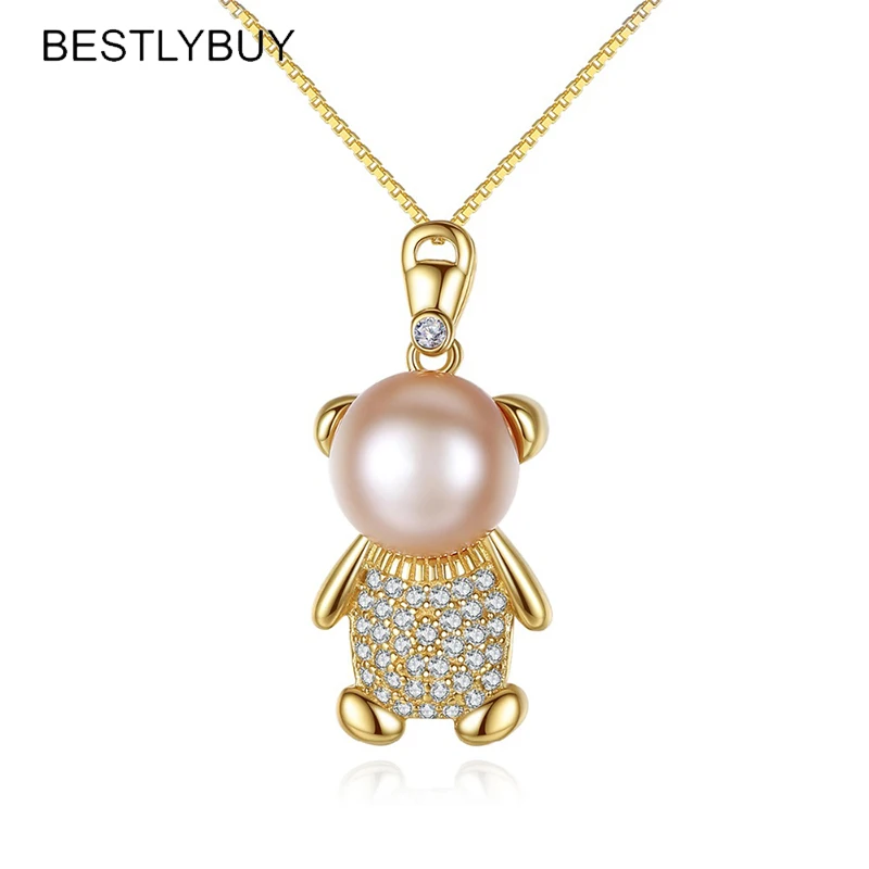 

BESTLYBUY 100% 925 Sterling Silver Bear Pendant Girls' Dainty Animal Jewelry Valentine's Gift Freshwater Pearl Necklace Women