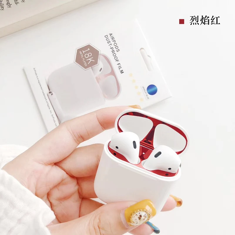 Роскошная металлическая пыль защита для Apple Airpods Чехол Аксессуар Защитная Наклейка кожа Bluetooth беспроводная гарнитура крышка - Цвет: red