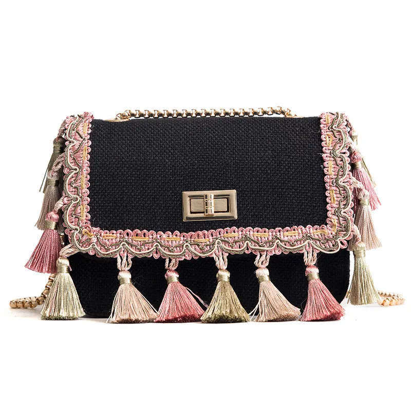 SUNNY SHOP Boho сумка через плечо с бахромой, высокое качество, Женская мода, мини-сумка на плечо с цепочкой, тканевая национальная модная летняя сумка - Цвет: Black