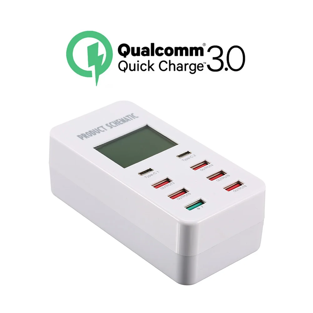 Сетевое зарядное устройство Quick Charge 3 0 hub 8A с 6 USB портами и 2 Type C настольное