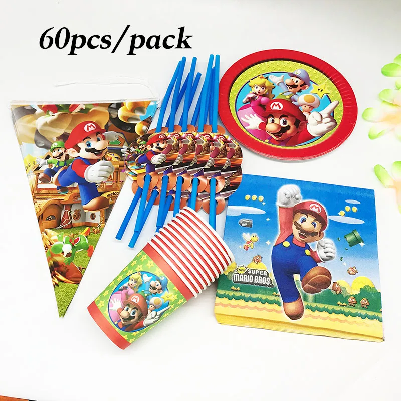 60pcs Mario Bros disposable plates cups napkins birthday party supplies baby shower tableware | Дом и сад