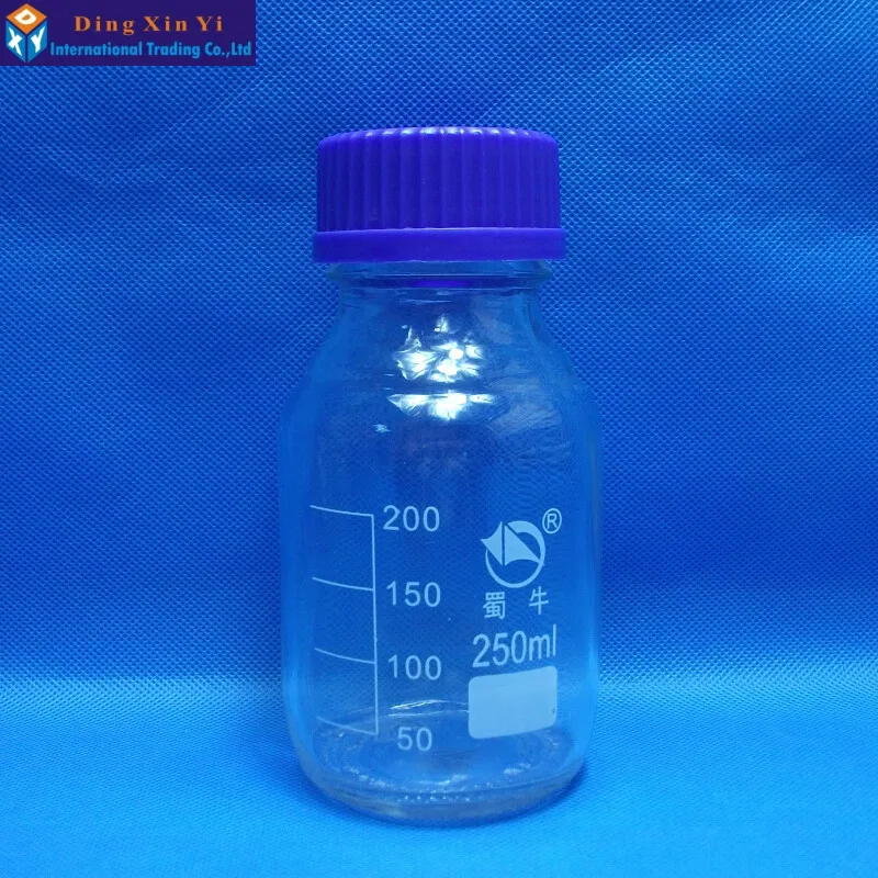 250 мл градуированная круглая стеклянная бутылка с реагентом синяя винтовая