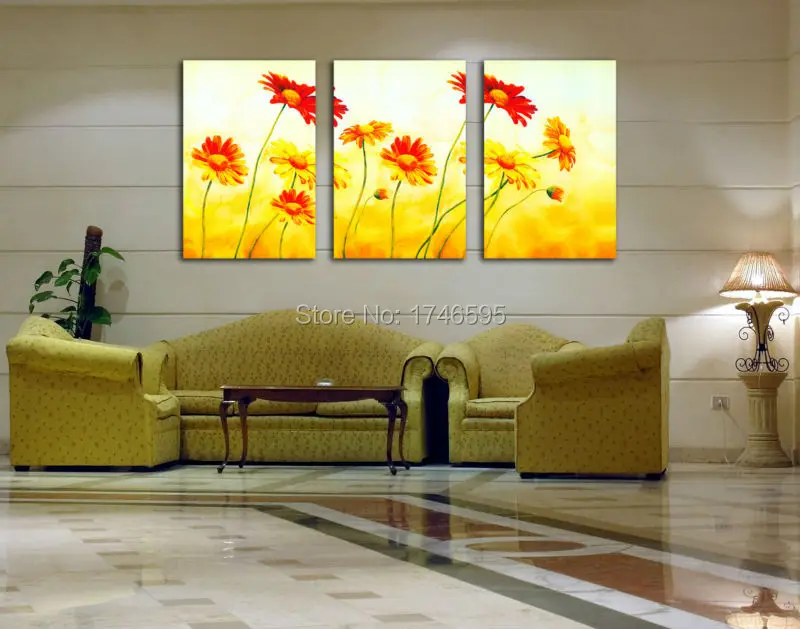

Big 3pcs home decor Wall Art picture for living room bedroom wall decor print yellow orange coreopsis oil Painting Canvas art