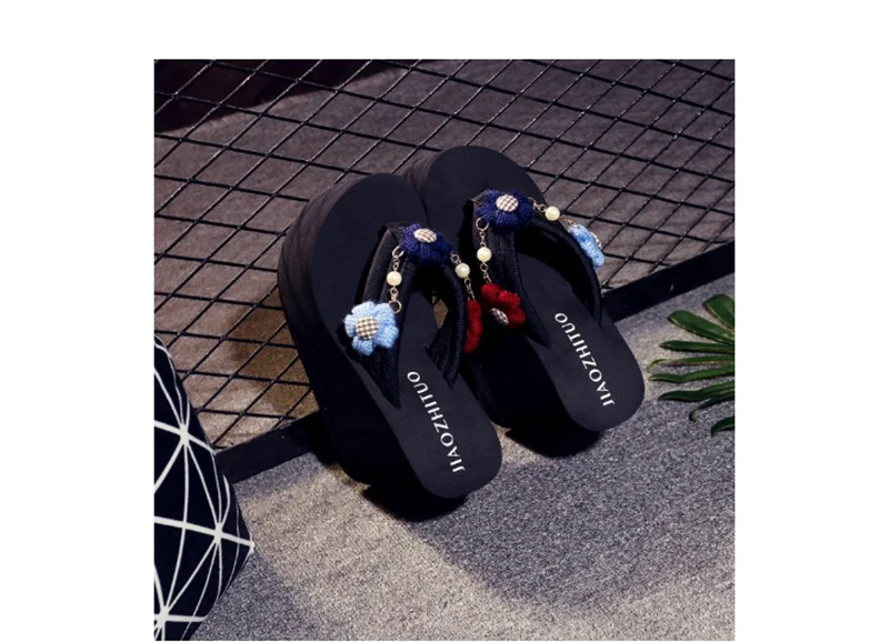 summer women high heels slippers sandals super high flower flip flops handmade tassel beads hawaiian mules clogs shoes outdoor