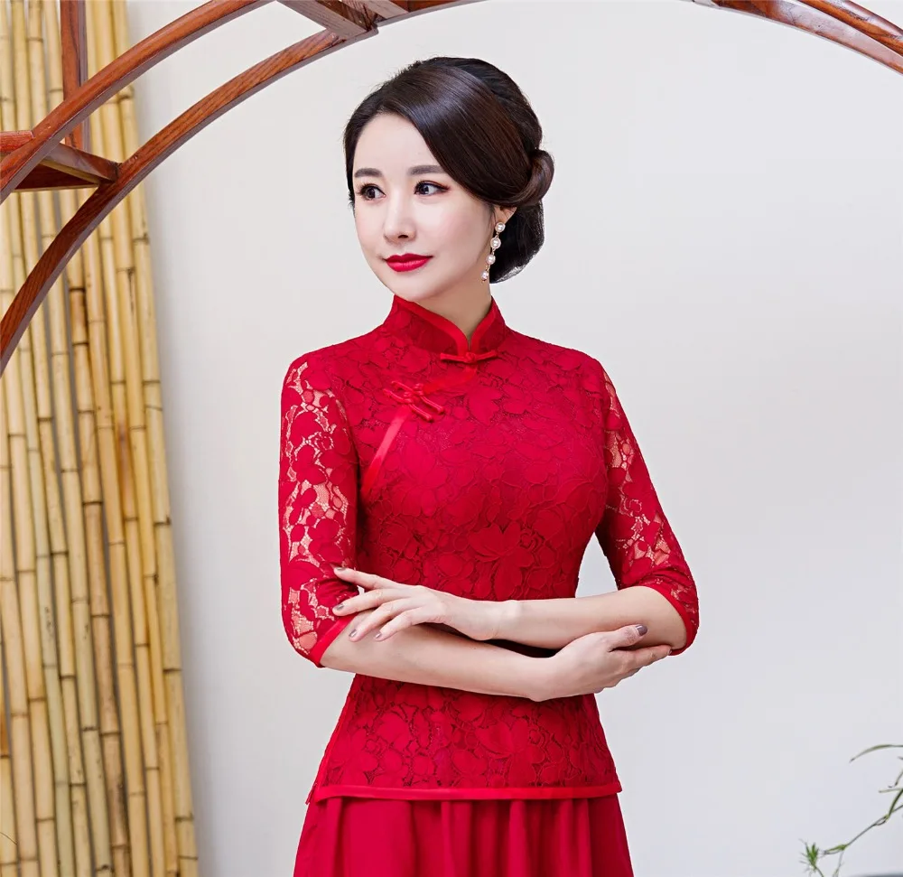 Шанхай история 3/4 рукав китайский традиционный Топ кружево Cheongsam рубашка Qipao Топ кружево китайская блузка для женщин