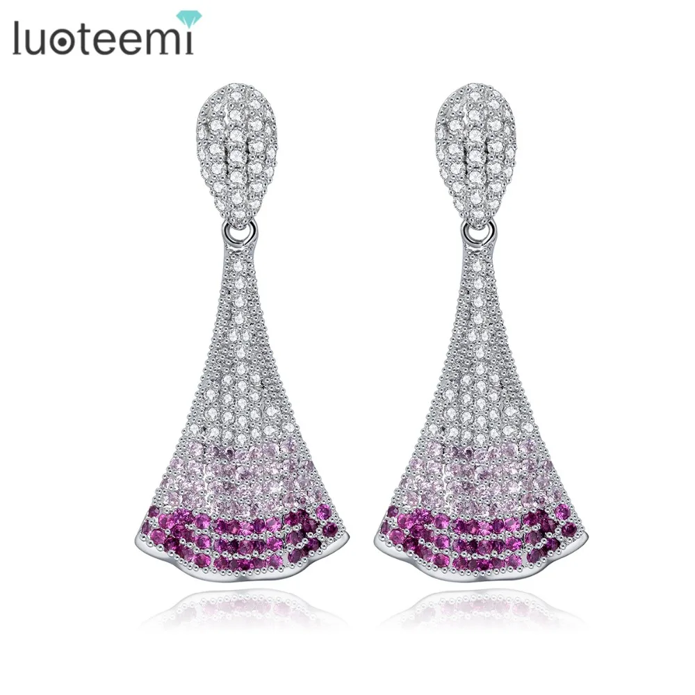 

LUOTEEMI Luxury Purple Clear Cubic Zircons Sail Shape Jewelry European and American Personalized Drop Chunky Earrings For Women