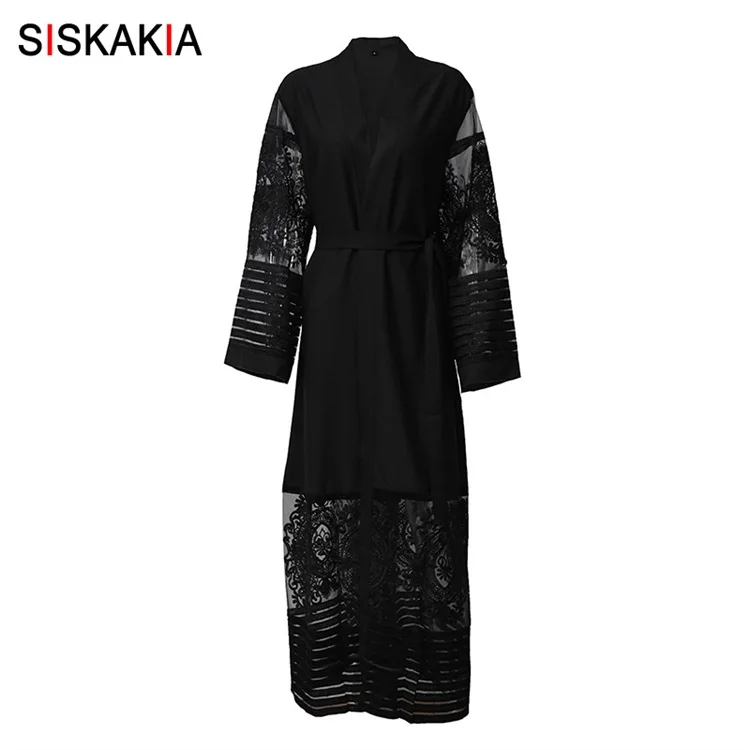 Black Siskakia кружевной сетчатый лоскутный кардиган с вышивкой женская верхняя одежда на шнуровке кардиганы платья ОАЭ Дубай мусульманские туники Новинка - Цвет: Black